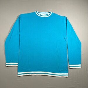 OXKNITSTORE Mens XL Turquoise Blue Cotton Knit Long Sleeve Striped Crew Sweater
